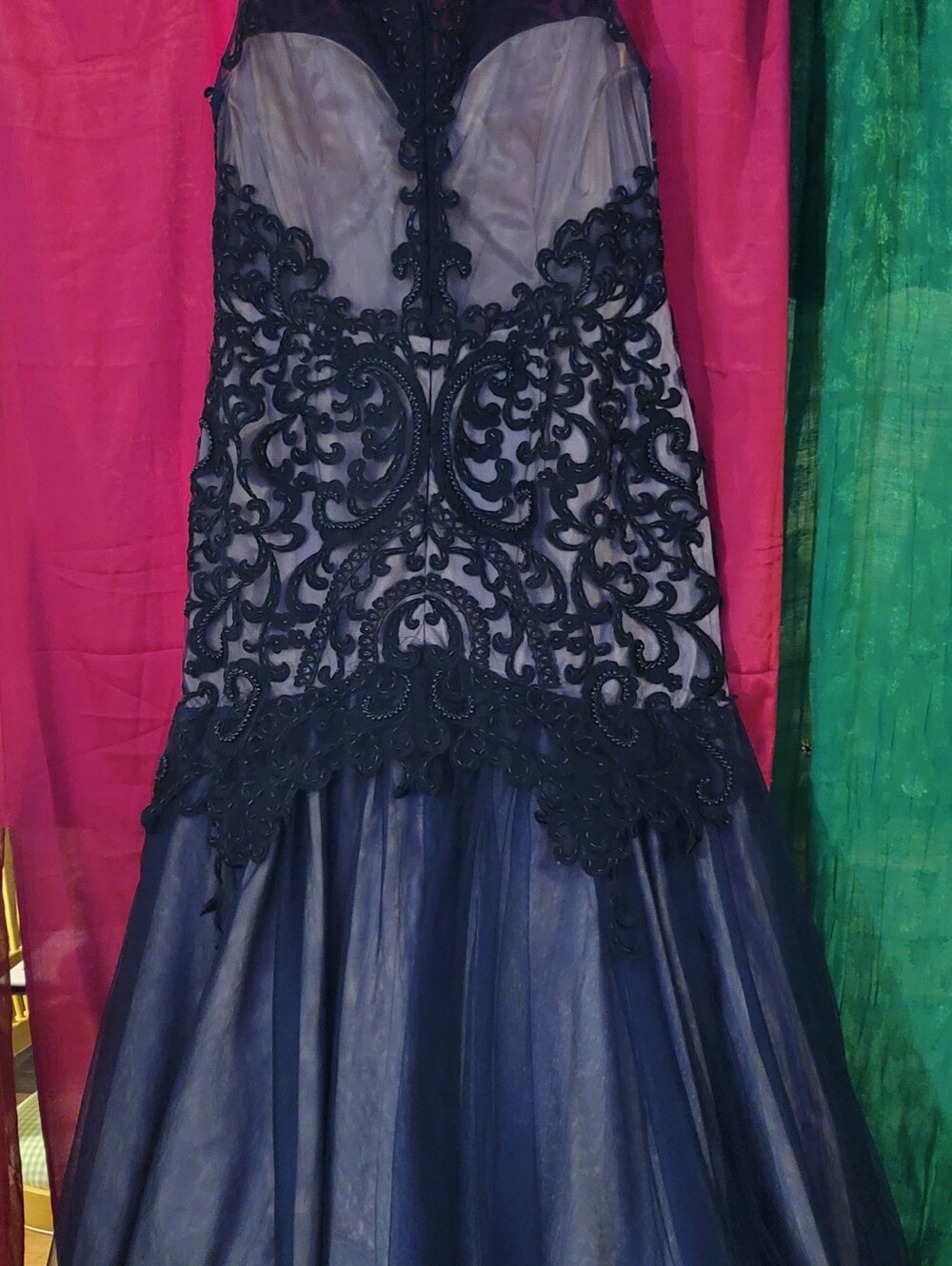 Navy Mermaid Gown with Intricate Lace Appliqué